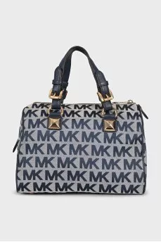A textile bag with a signature print and handles