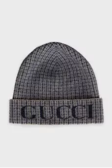 Men's beanie with a checkered print and logo