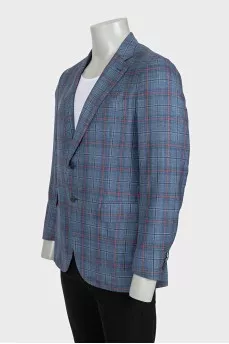 Men's blue single-breasted blazer with a checkered print