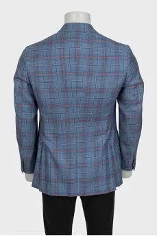 Men's blue single-breasted blazer with a checkered print