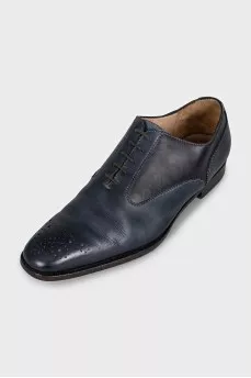Men's blue leather shoes with perforated toes