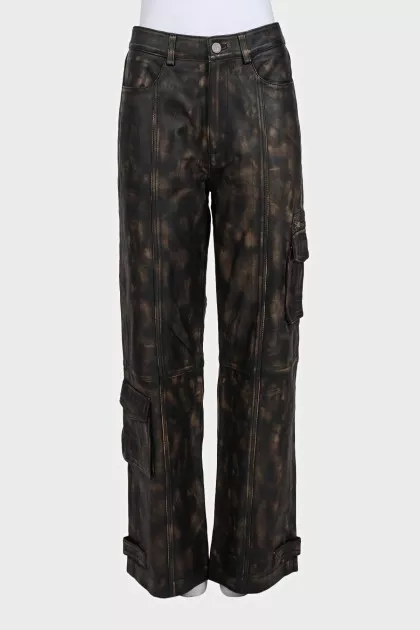 Wide-leg leather trousers with tag