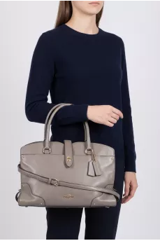Gray leather tote bag with brand logo
