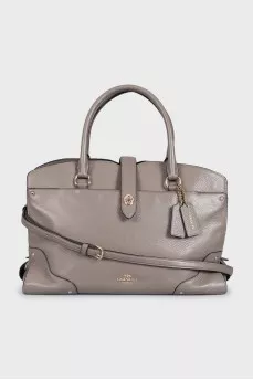 Gray leather tote bag with brand logo