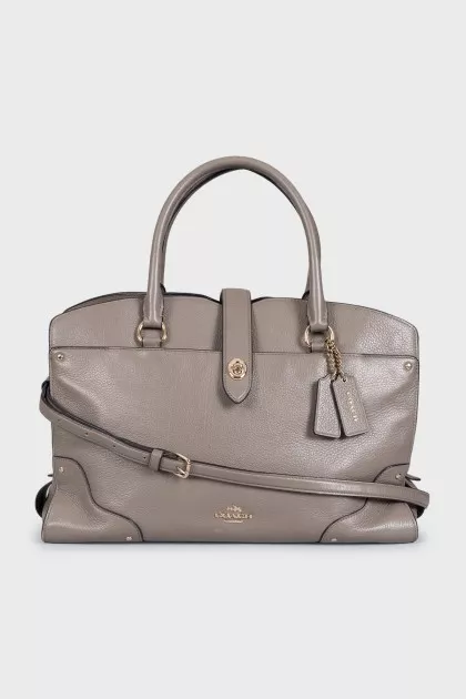 Gray leather tote bag with brand logo