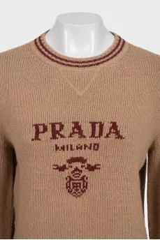 Brown straight-cut sweater with a brand logo
