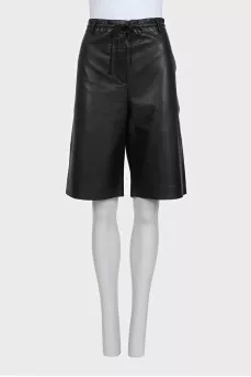 Black straight-leg leather shorts