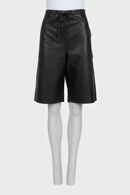 Black straight-leg leather shorts