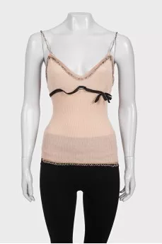 Embellished beige cashmere and silk tank top