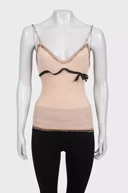 Embellished beige cashmere and silk tank top