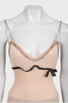 Embellished beige cashmere and silk tank top