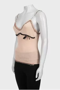 Embellished beige cashmere and silk tank top