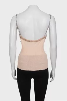 Embellished beige cashmere and silk tank top