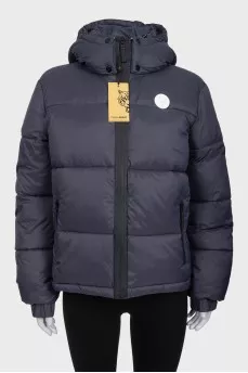 Gray down jacket with a hood and tag
