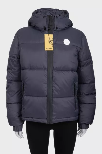 Gray down jacket with a hood and tag