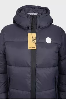 Gray down jacket with a hood and tag