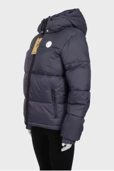 Gray down jacket with a hood and tag