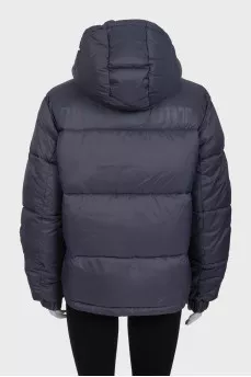 Gray down jacket with a hood and tag