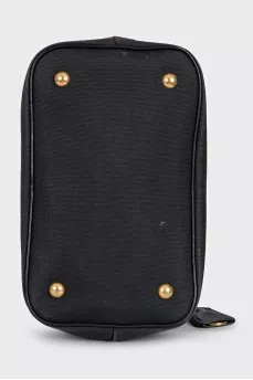 Black textile bag with a signature print