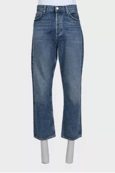 Men's blue straight-leg jeans with buttons