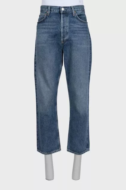 Men's blue straight-leg jeans with buttons