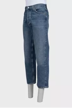 Men's blue straight-leg jeans with buttons