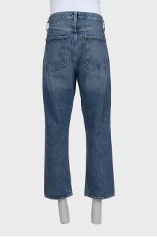 Men's blue straight-leg jeans with buttons