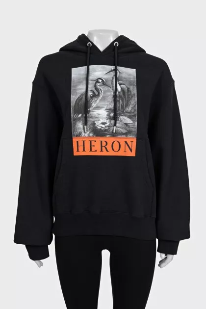 Черное худи oversize кроя с принтом