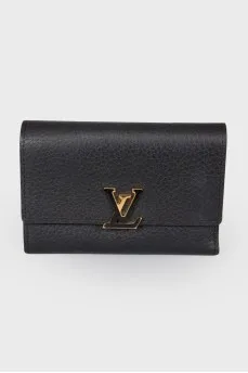 Black leather metal brand logo wallet