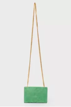 Green sued handbag with golden fittings, on the button