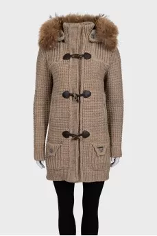 Knitted beige coat with a hood