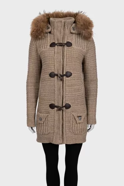 Knitted beige coat with a hood