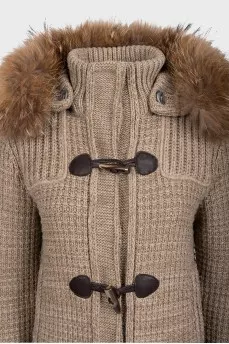 Knitted beige coat with a hood