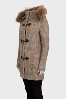 Knitted beige coat with a hood