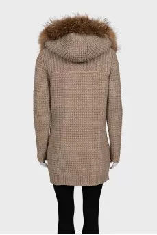 Knitted beige coat with a hood