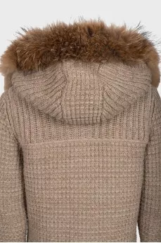 Knitted beige coat with a hood