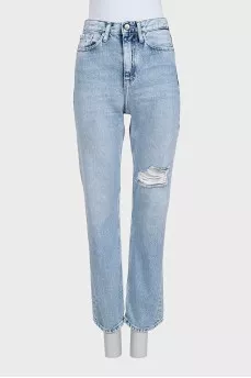 Ripped blue high-waist straight jeans
