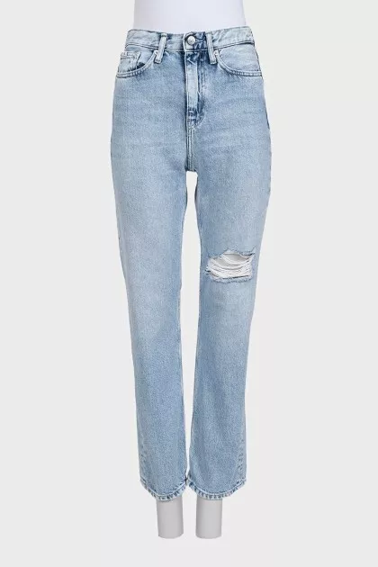 Ripped blue high-waist straight jeans