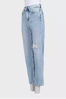 Ripped blue high-waist straight jeans