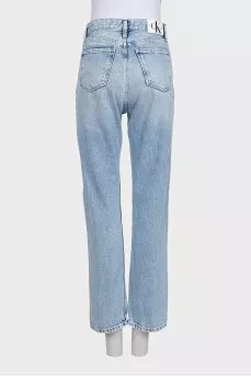 Ripped blue high-waist straight jeans