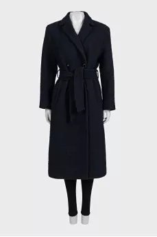Dark blue double-breasted coat with a belt