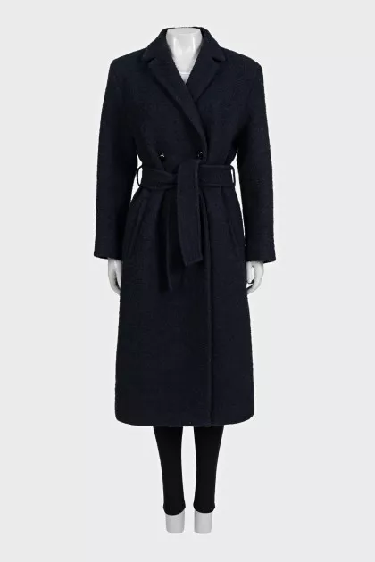 Dark blue double-breasted coat with a belt