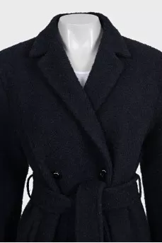 Dark blue double-breasted coat with a belt