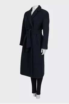 Dark blue double-breasted coat with a belt