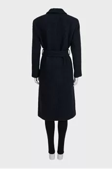 Dark blue double-breasted coat with a belt