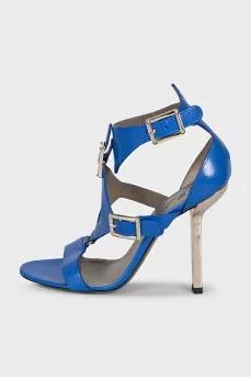 Blue leather sandals with gold heels