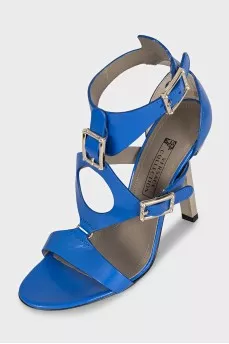 Blue leather sandals with gold heels