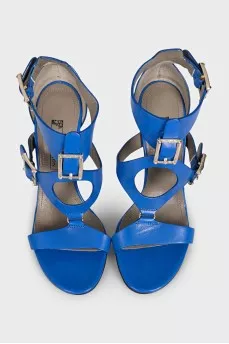 Blue leather sandals with gold heels