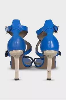 Blue leather sandals with gold heels