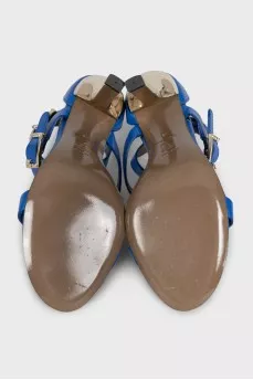 Blue leather sandals with gold heels